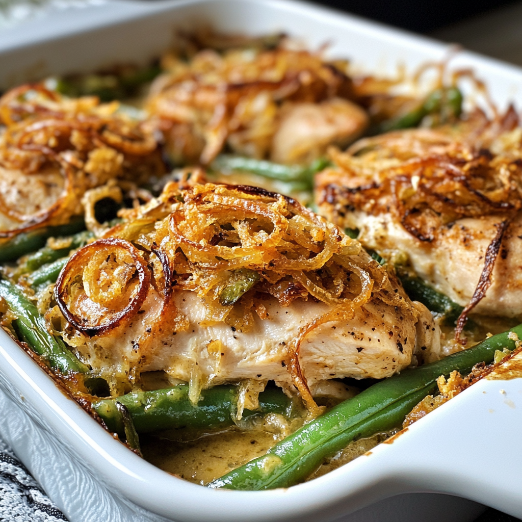 easy chicken and green bean casserole fresh from oven