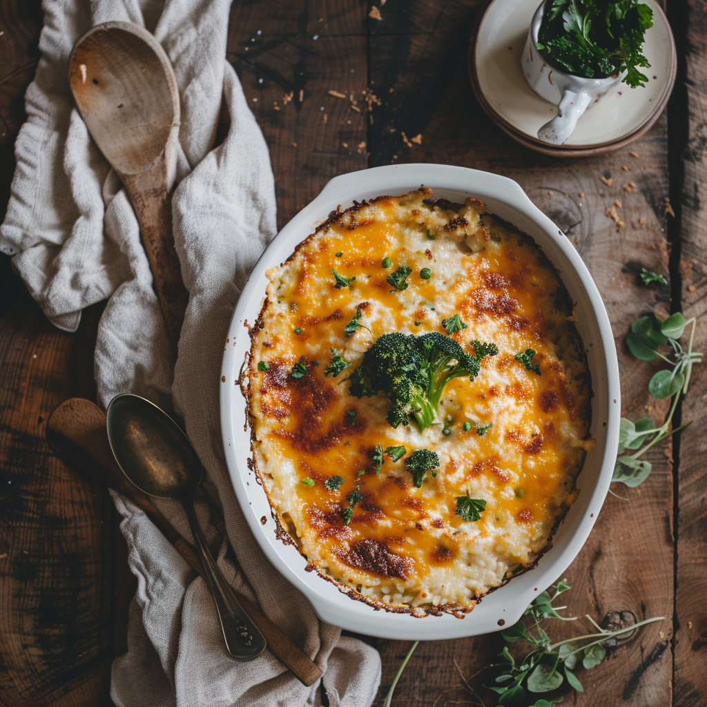Freshly baked Chicken Broccoli Rice Casserole with melted cheese, vibrant broccoli, and creamy rice served in a white ceramic baking dish.