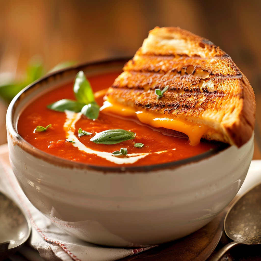 Tomato Soup with Grilled Cheese served hot with basil