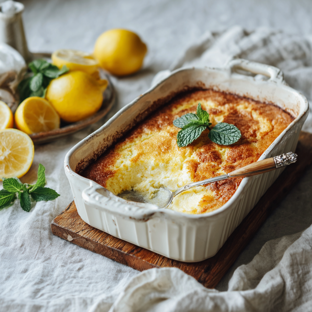 Lemon cream cheese dump cake in a rustic kitchen