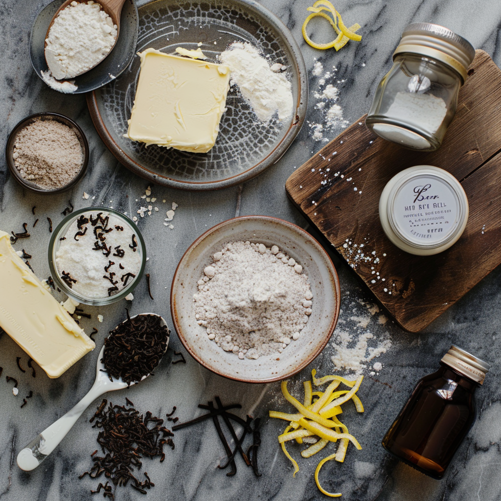 Earl Grey Cookie Ingredients laid out in a rustic kitchen