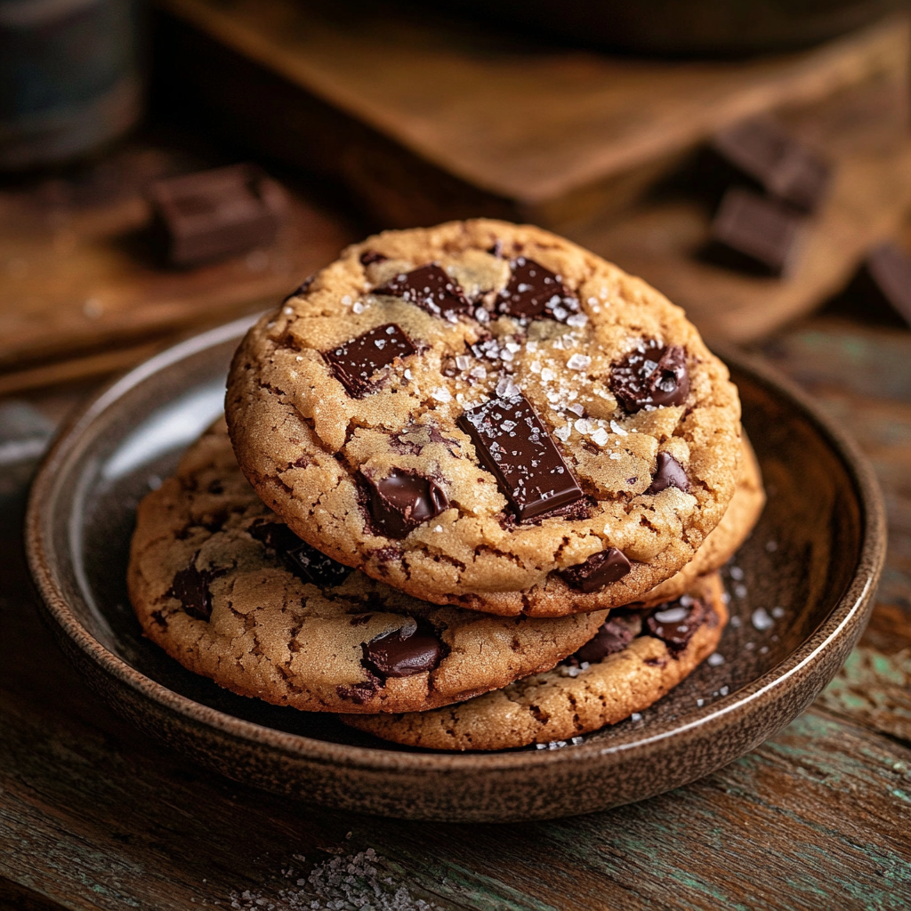 Freshly baked Brown Butter Chocolate Chip Cookies with sea salt