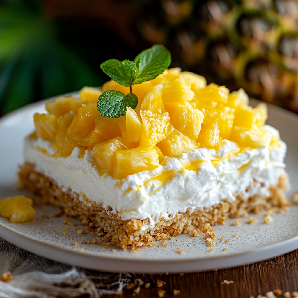 A colorful slice of pineapple pretzel salad with crunchy pretzel crust, creamy filling, and sweet pineapple topping.