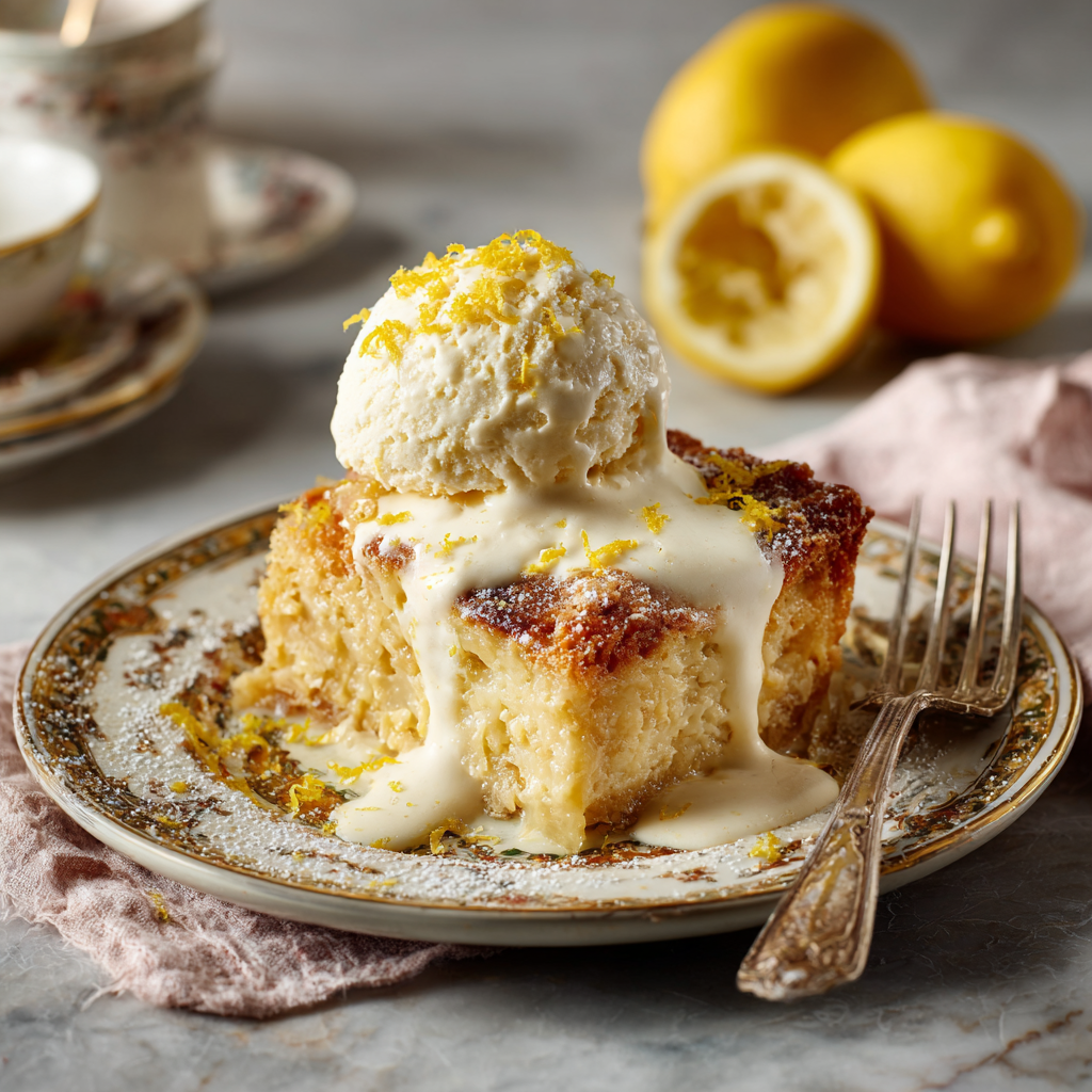 Slice of lemon cream cheese dump cake served with vanilla ice cream
