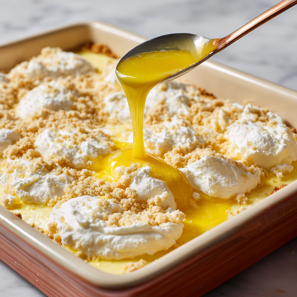 Step-by-step lemon cream cheese dump cake being assembled