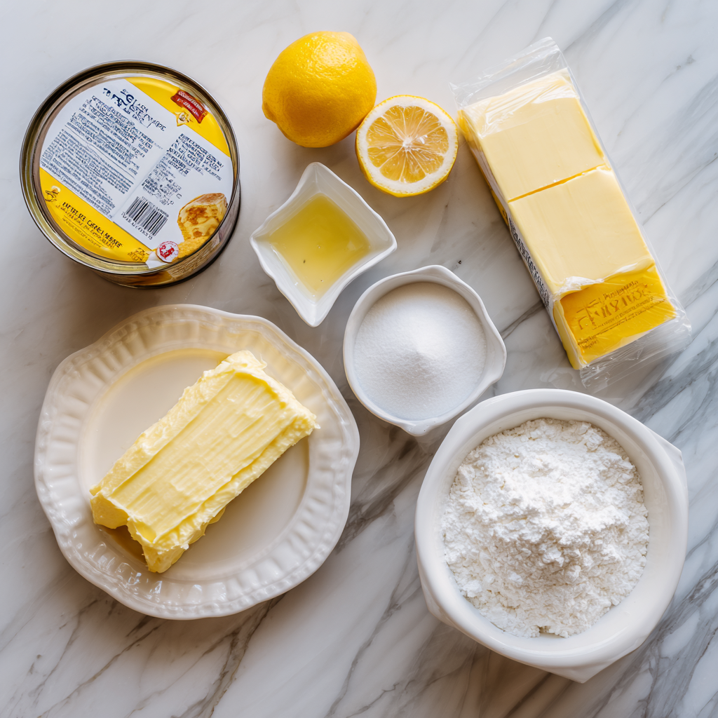 Ingredients for lemon cream cheese dump cake laid out on a counter