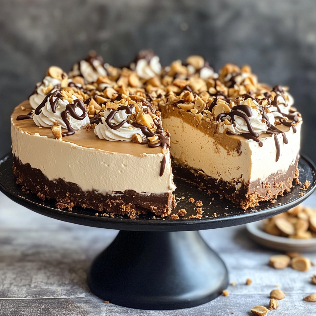 No Bake Peanut Butter Cheesecake with a creamy peanut butter filling, a crunchy graham cracker crust, and a smooth, whipped topping