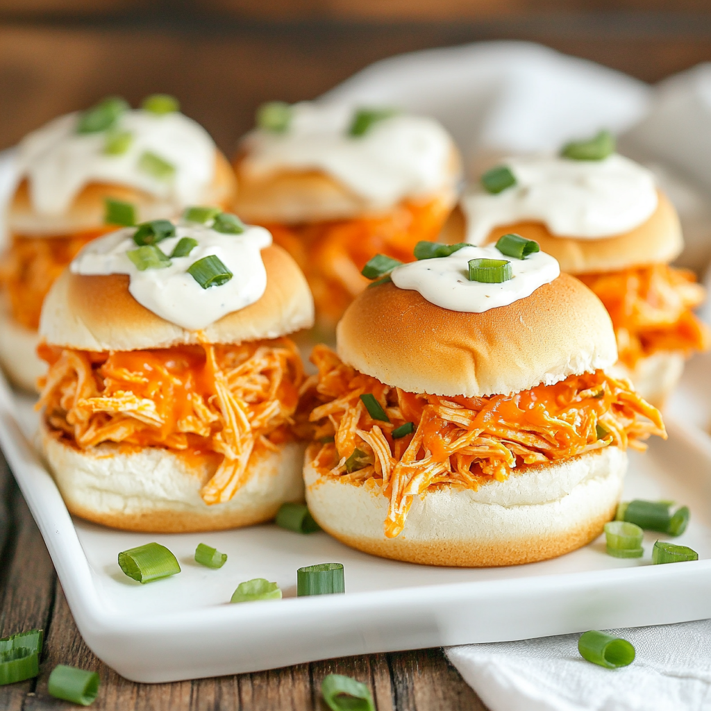 Buffalo Chicken Sliders Crockpot served on soft brioche buns with shredded buffalo chicken, ranch dressing, and green onions.