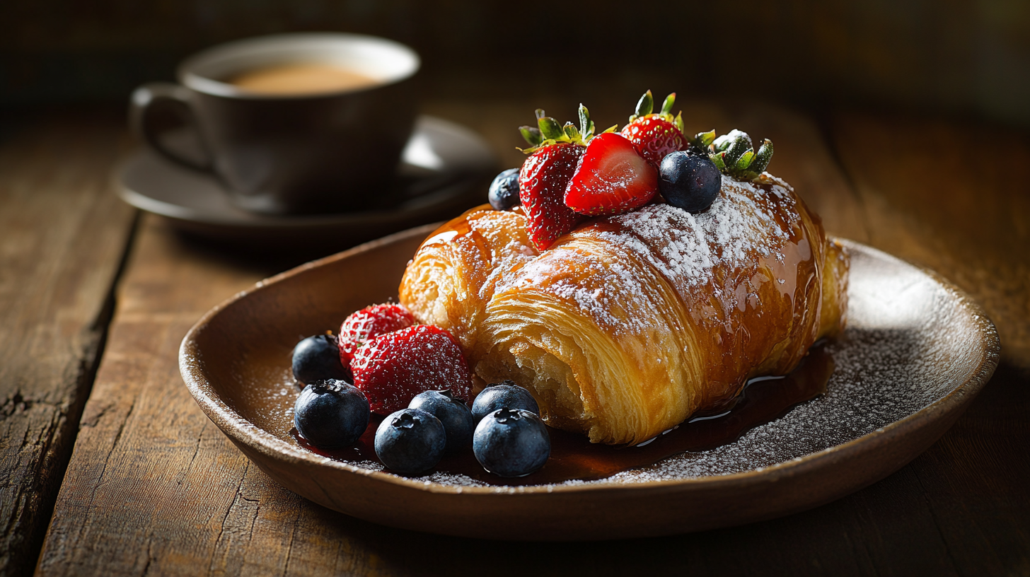 Golden brown Croissant French Toast topped with fresh strawberries, blueberries, and maple syrup, dusted with powdered sugar on a white ceramic plate. A perfect brunch dish with a crispy exterior and custardy center