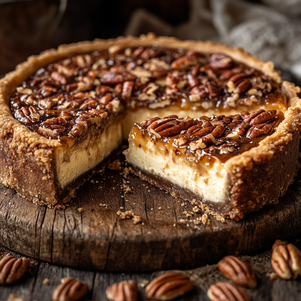 A slice of pecan pie cheesecake with a glossy caramelized pecan topping on a rustic wooden table.