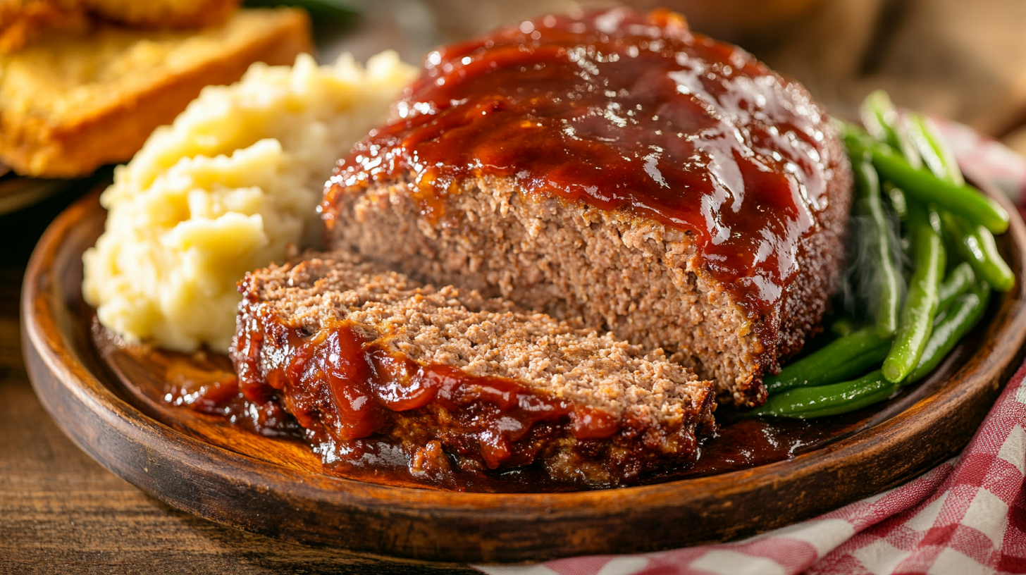 A freshly baked Cracker Barrel-style meatloaf with a caramelized ketchup-brown sugar glaze, sliced to reveal its tender, juicy interior. Served with creamy mashed potatoes, sautéed green beans, and a golden slice of cornbread on a rustic wooden table with warm lighting