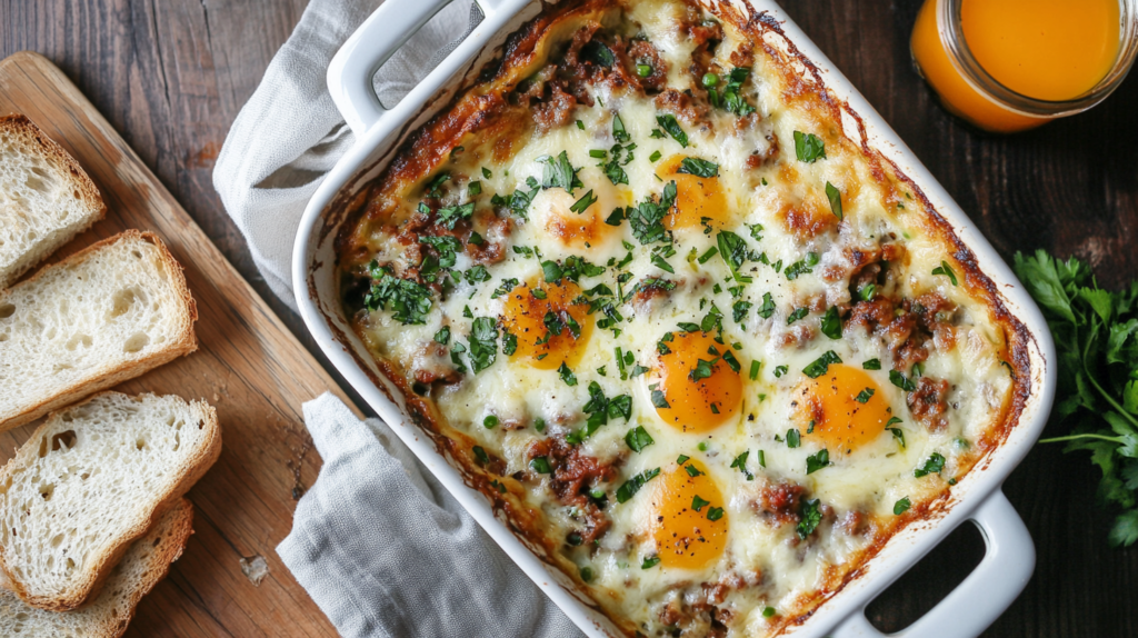 A freshly baked breakfast lasagna with layers of scrambled eggs, crispy bacon, melted cheese, and golden hash browns, served in a white casserole dish