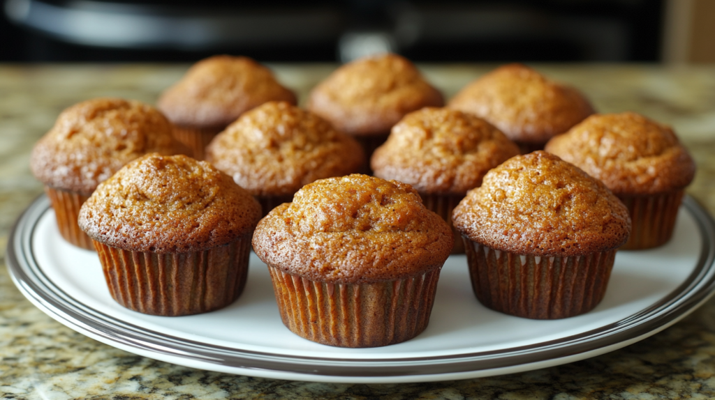 A plate of freshly baked carrot cake muffins with a golden brown top, arranged neatly on a white plate with a black rim.