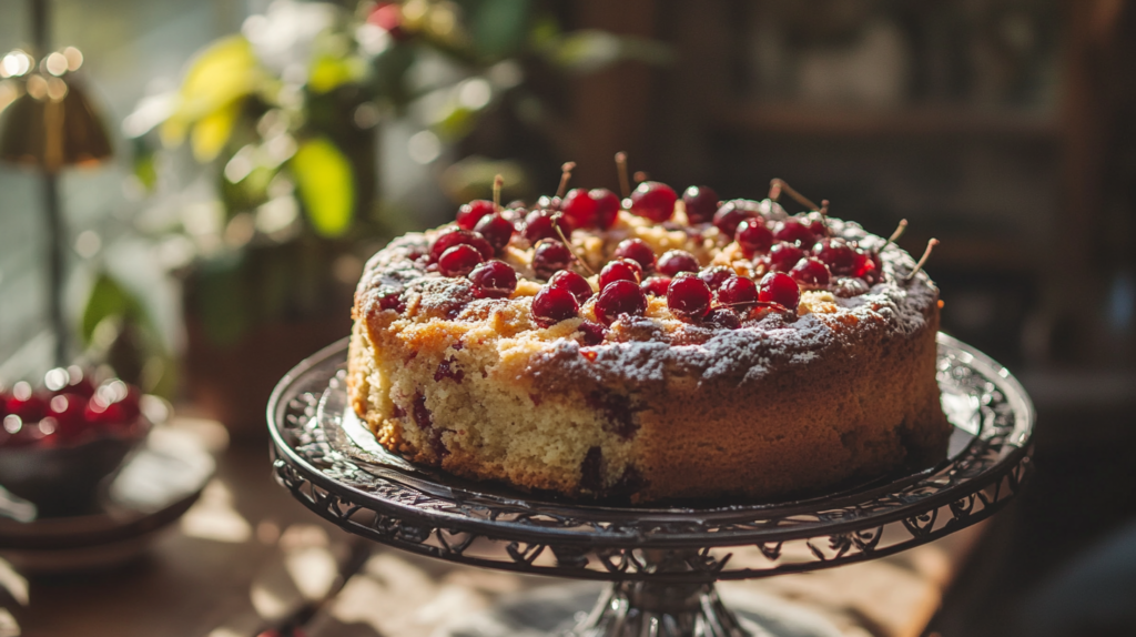 A cherry coffee cake topped with fresh cherries and powdered sugar, displayed on an elegant black metal cake stand. The background features a softly lit kitchen with natural light and blurred greenery, creating a warm and inviting atmosphere.