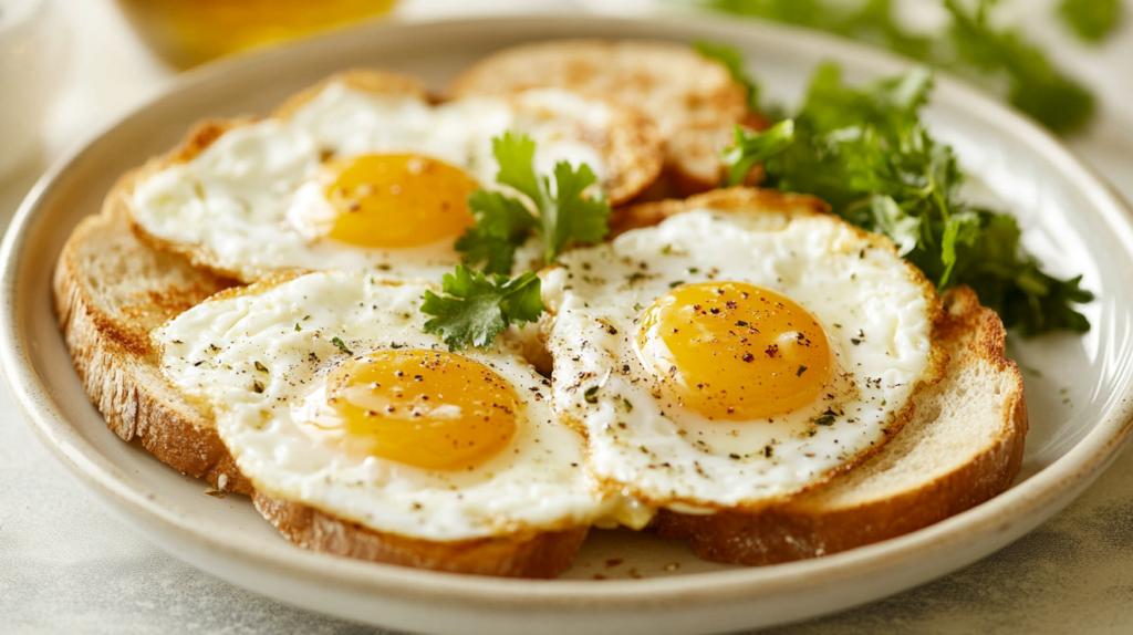Eggs over easy with golden yolks served alongside crispy toast.