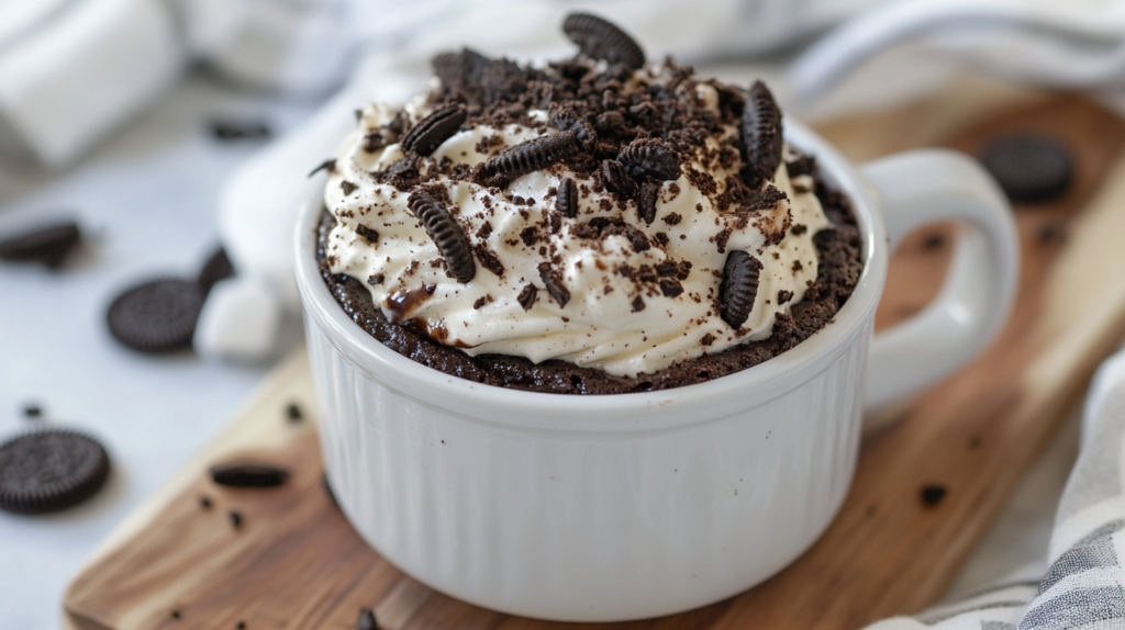 Oreo Mug Cake recipe topped with whipped cream and crushed Oreos