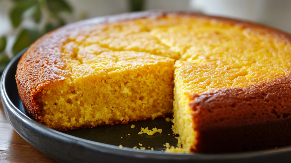 A freshly baked golden Southern-style cornbread in a cast-iron skillet, topped with melted butter.