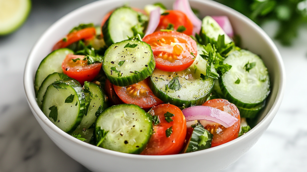 Cucumber Tomato Onion Salad Recipe – A fresh and healthy salad with cucumbers, tomatoes, red onions, and olive oil dressing.