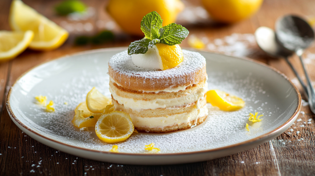 A slice of Lemon Tiramisu with layers of mascarpone cream, lemon-soaked ladyfingers, and fresh lemon zest, served on a white plate with a dusting of powdered sugar and a sprig of mint.