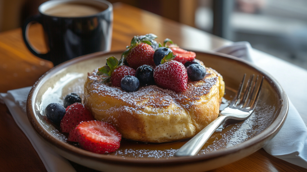 A close-up of homemade Crockpot French Toast, dusted with powdered sugar, topped with fresh strawberries and blueberries, and drizzled with maple syrup, served on a rustic plate
