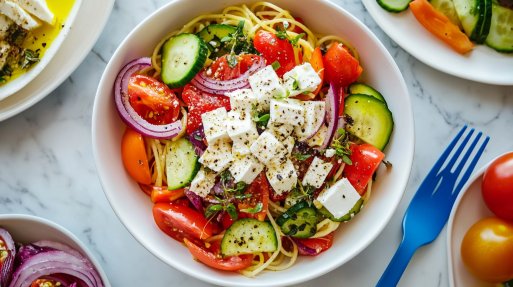 Fresh spaghetti salad recipe with tomatoes, olives, and herbs.