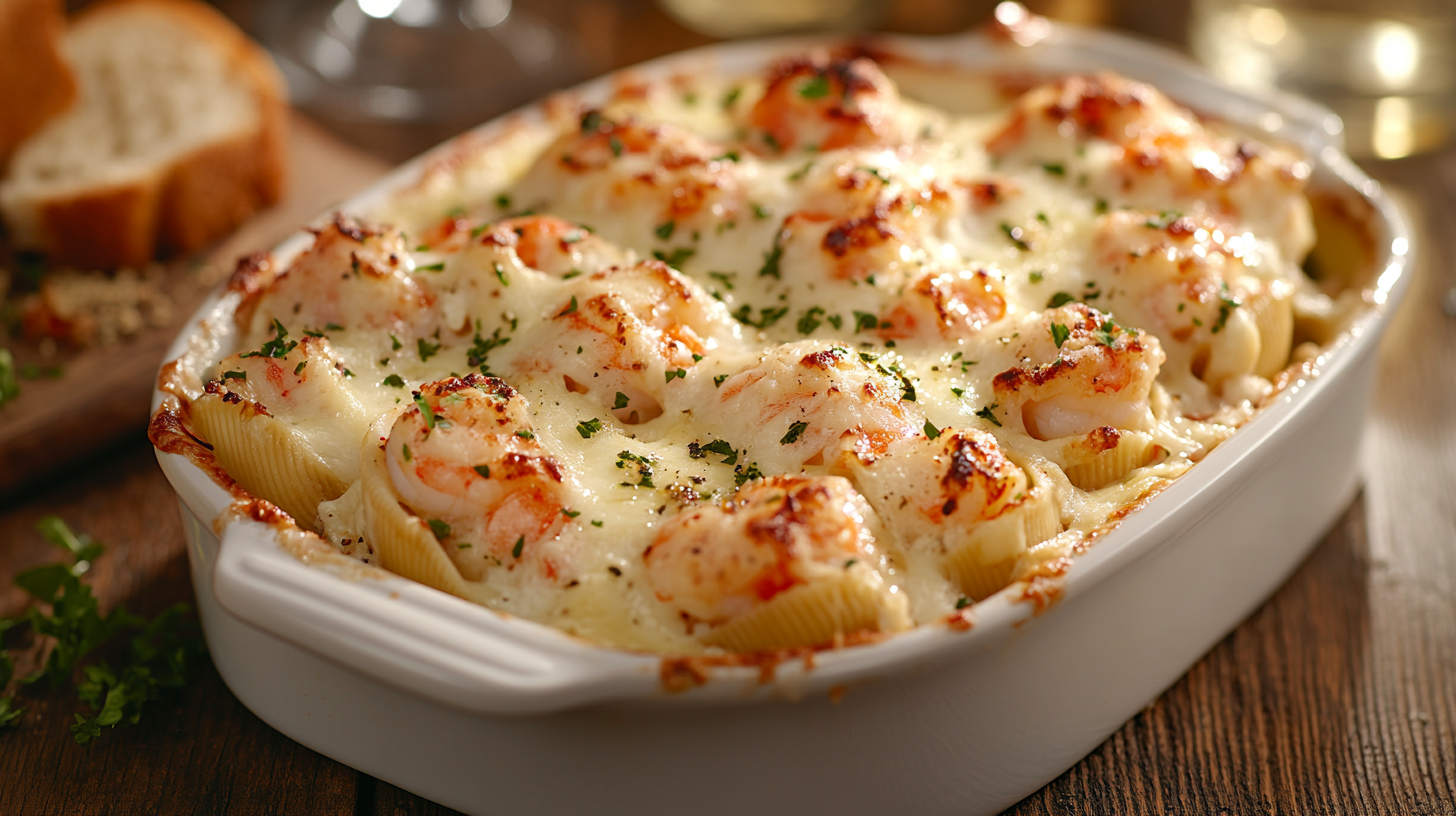 Creamy seafood stuffed shells baked in a white dish, topped with melted cheese and fresh parsley