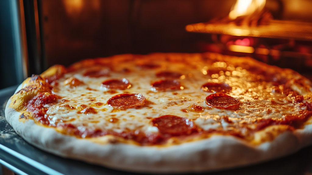 Freshly baked pizza lasagna with melted cheese, pepperoni, and rich tomato sauce