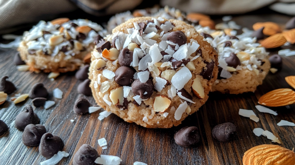 Soft and chewy Almond Joy Cookies Recipe with chocolate chips, coconut, and almonds