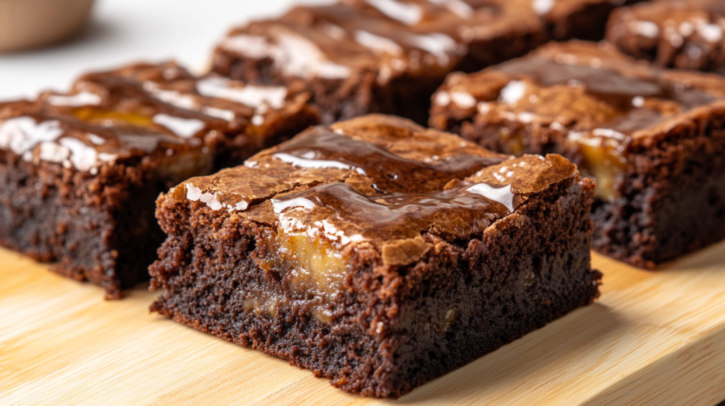 Freshly baked banana bread brownies with brown sugar glaze.
