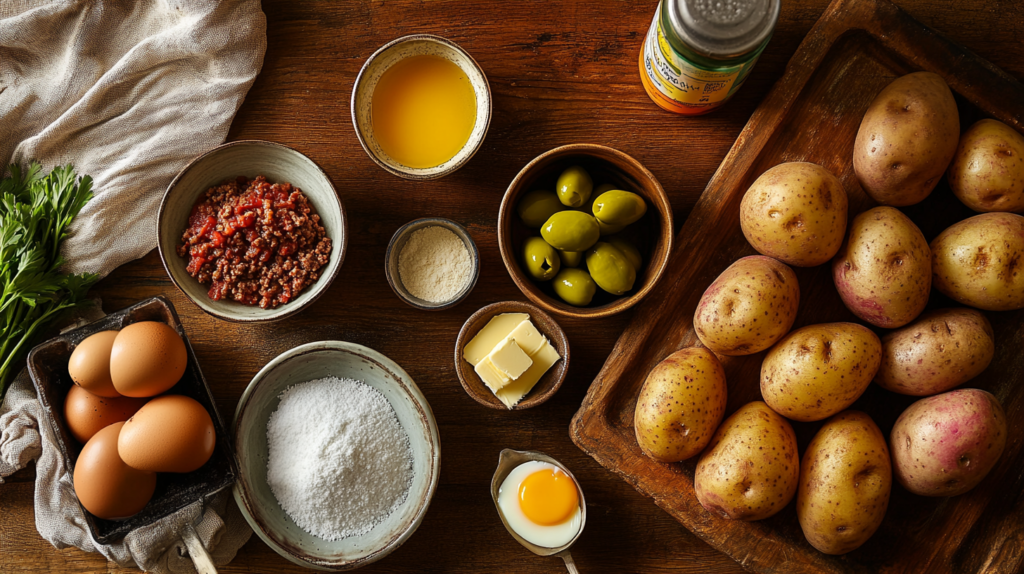 Fresh ingredients for Papas Rellenas Recipe on a wooden countertop