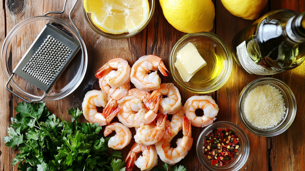 Fresh ingredients for Red Lobster Shrimp Scampi, including shrimp, garlic, butter, and white wine.