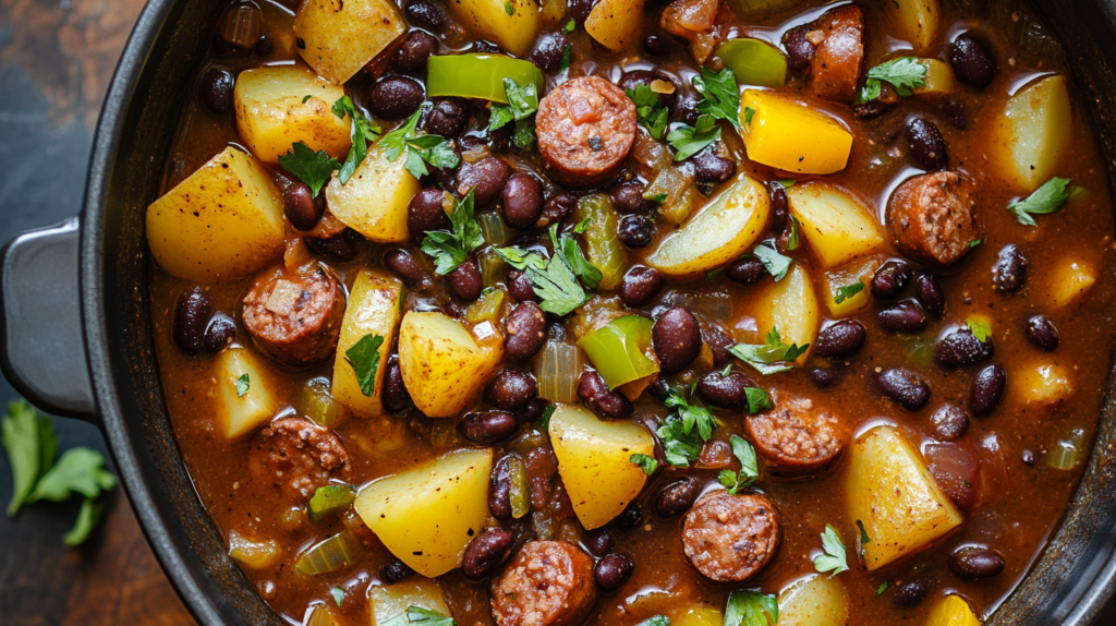 A cast-iron pot filled with steaming cowboy stew, cooking over a campfire with beef, sausage, beans, and potatoes, set in a rustic outdoor campsite.