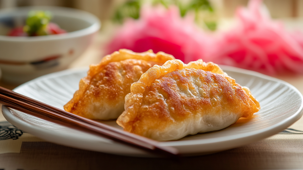 A close-up shot of freshly made Inari Sushi, featuring golden-brown tofu pouches filled with seasoned sushi rice, garnished with sesame seeds and green onions. Served on a traditional Japanese ceramic plate with a side of pickled ginger and soy sauce.