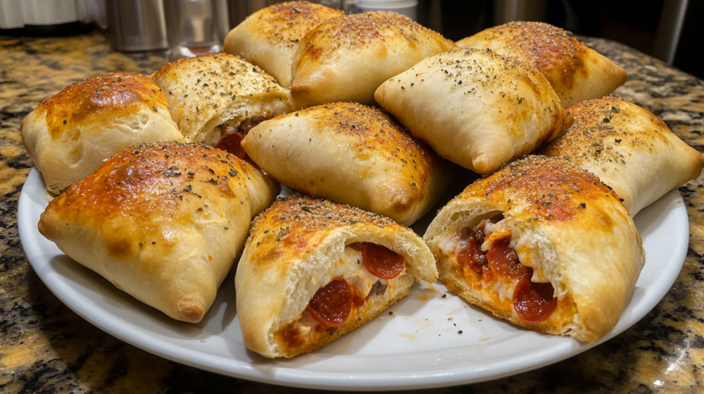 Freshly baked golden brown pepperoni rolls with melted cheese and crispy pepperoni slices.