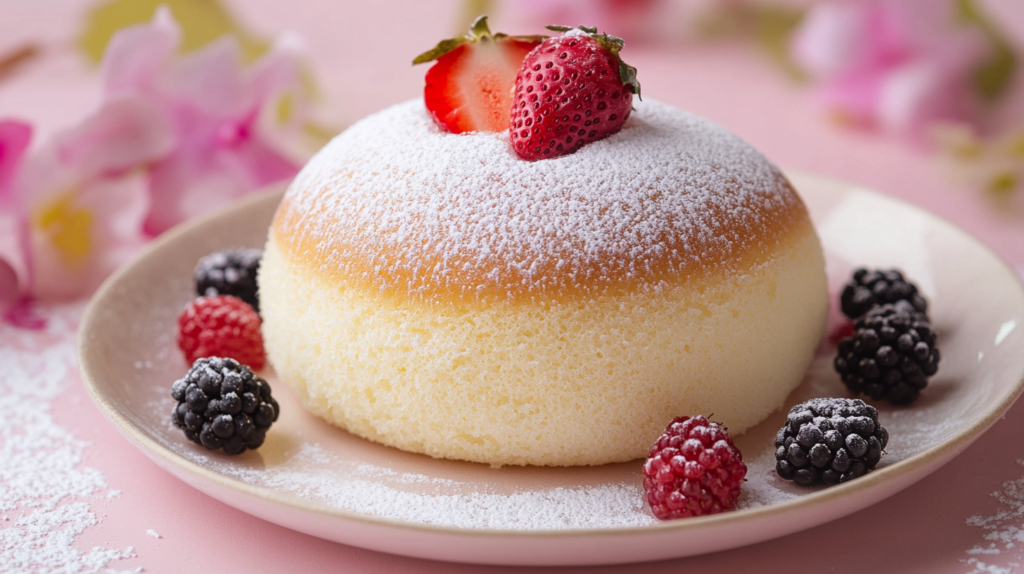 A fluffy and light Japanese cheesecake dusted with powdered sugar, topped with a fresh strawberry, and surrounded by blackberries and raspberries on a pastel pink background.