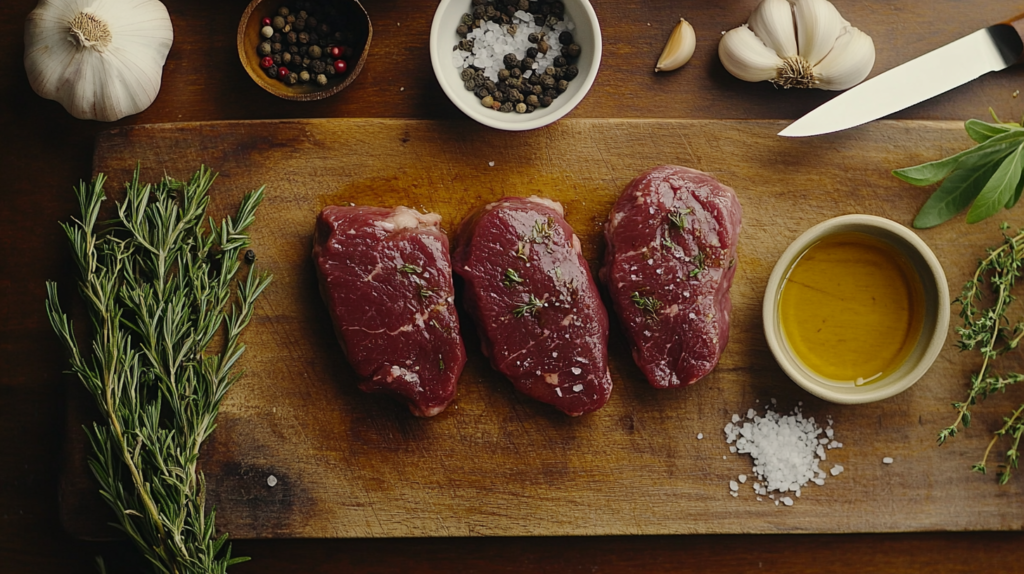 Fresh venison tenderloin steaks with garlic, herbs, and seasonings on a wooden board.