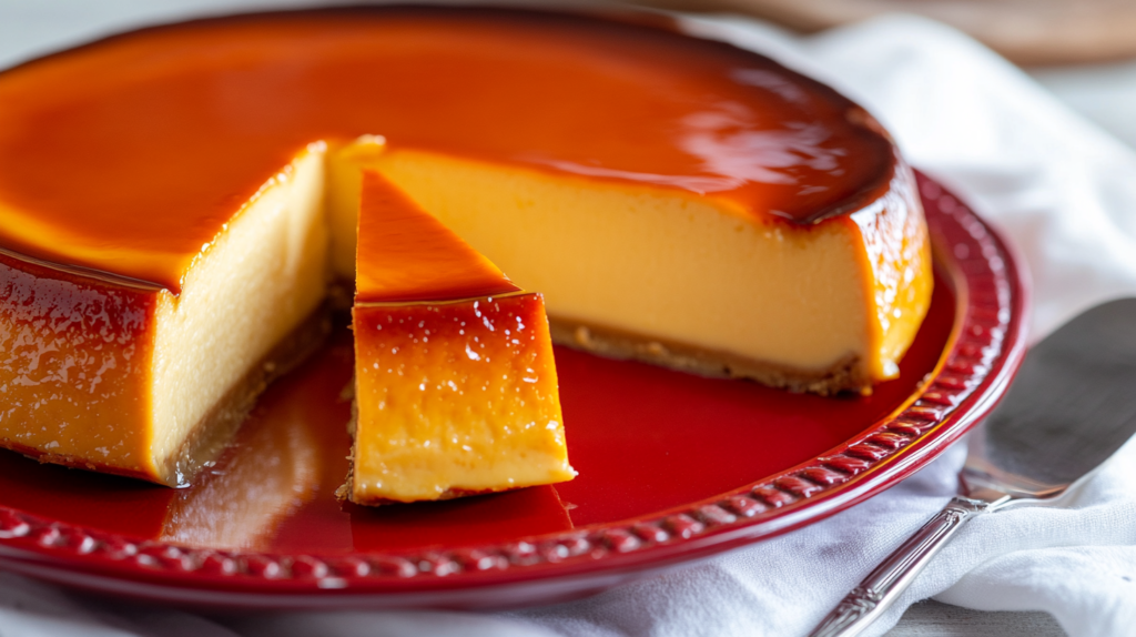 A creamy homemade flan with a rich caramel topping on a red plate, with one slice cut out.