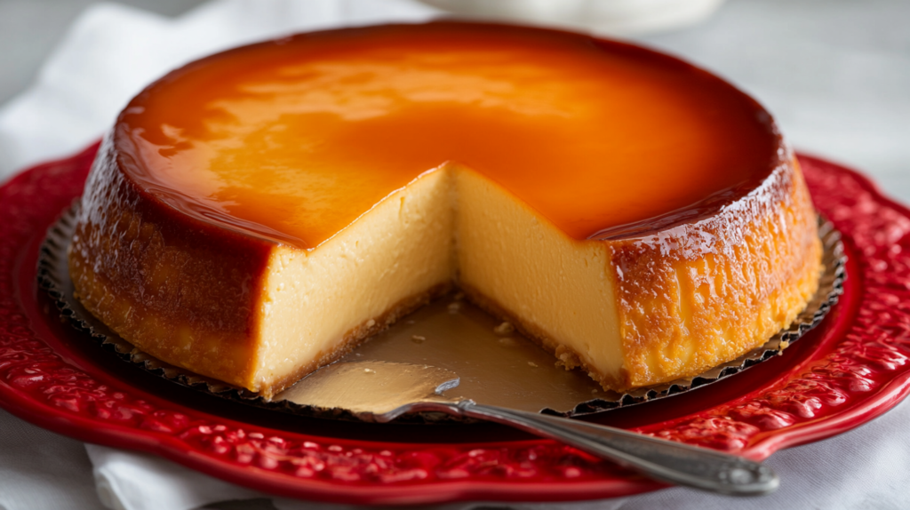 A creamy caramel flan with a glossy caramelized top, served on a red plate with a slice removed.