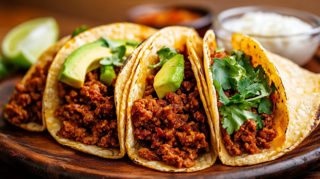 Carne picada tacos and burritos with fresh toppings on a wooden plate