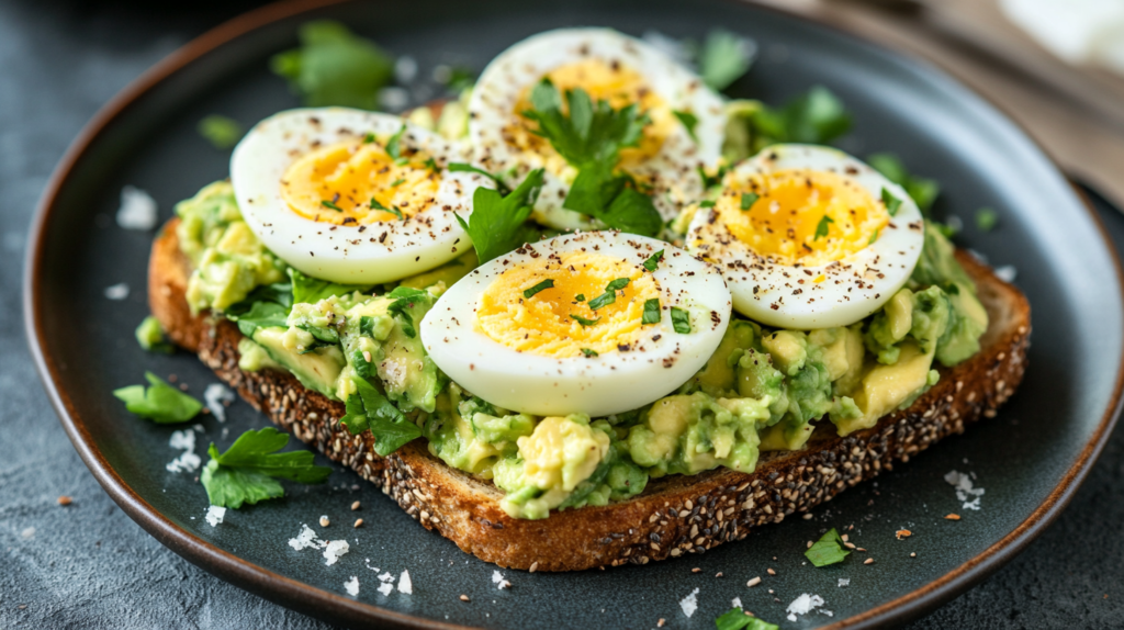 A top-down view of Egg Salad Avocado Toast Drawing, featuring crispy whole-grain toast, mashed avocado, creamy egg salad, red pepper flakes, and fresh chives.