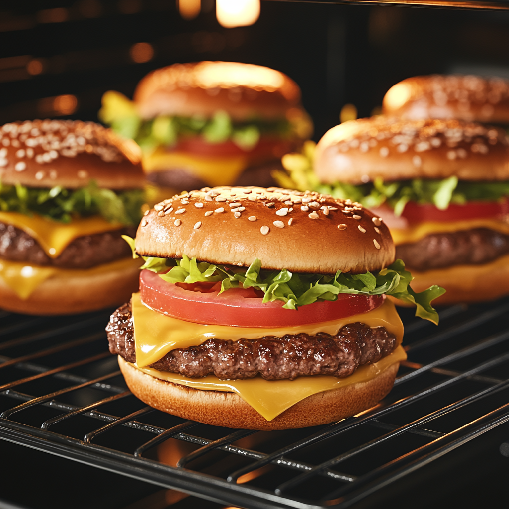 Burgers in the oven cooking on a wire rack, topped with melted cheese, lettuce, and tomato slices, ready to serve on toasted buns.