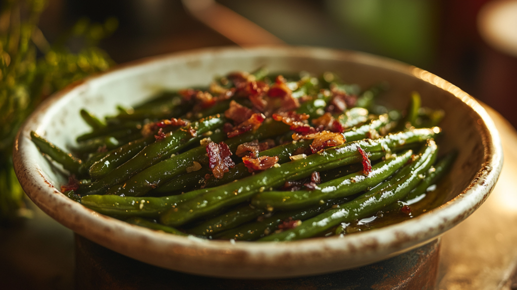 A close-up of Crack Green Beans coated in a caramelized brown sugar and butter glaze, topped with crispy bacon bits, served in a rustic white ceramic dish.
