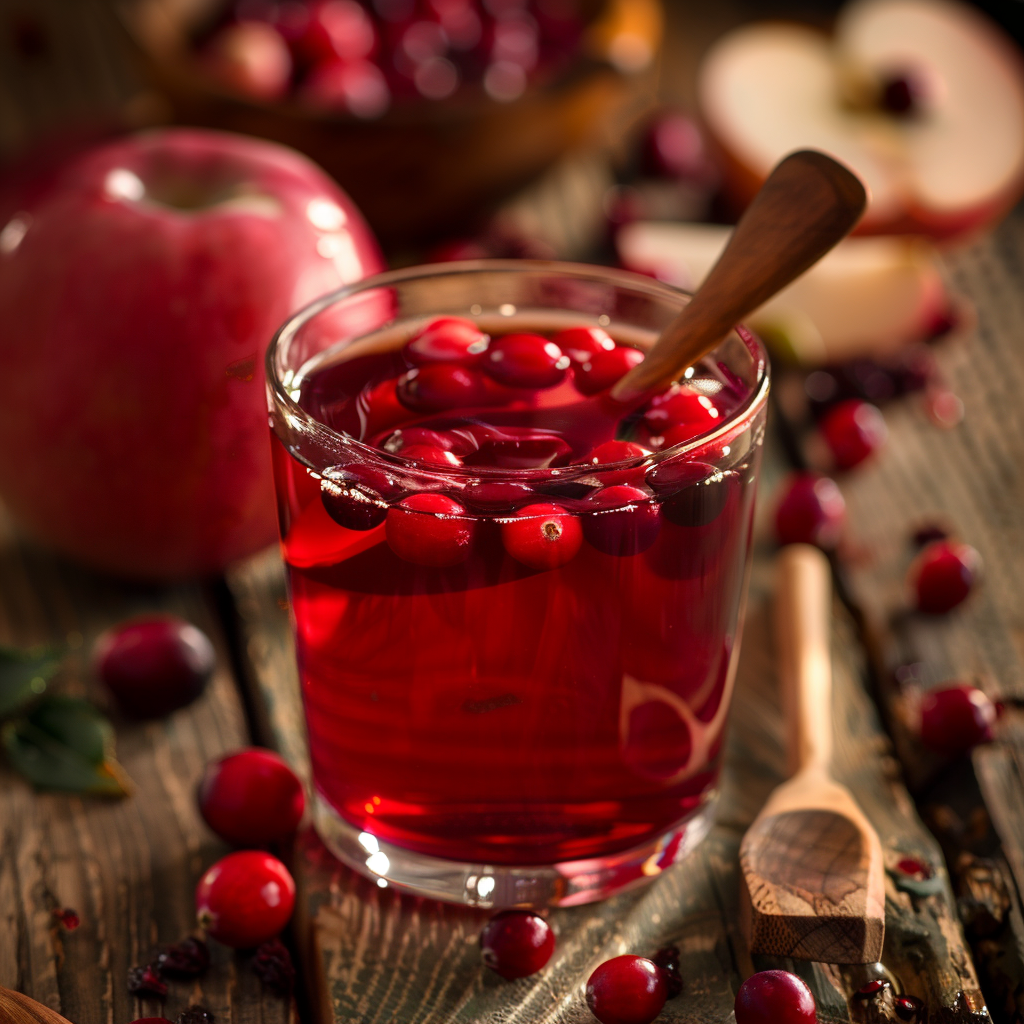 Glass of cranberry juice and apple cider vinegar with fresh cranberries.