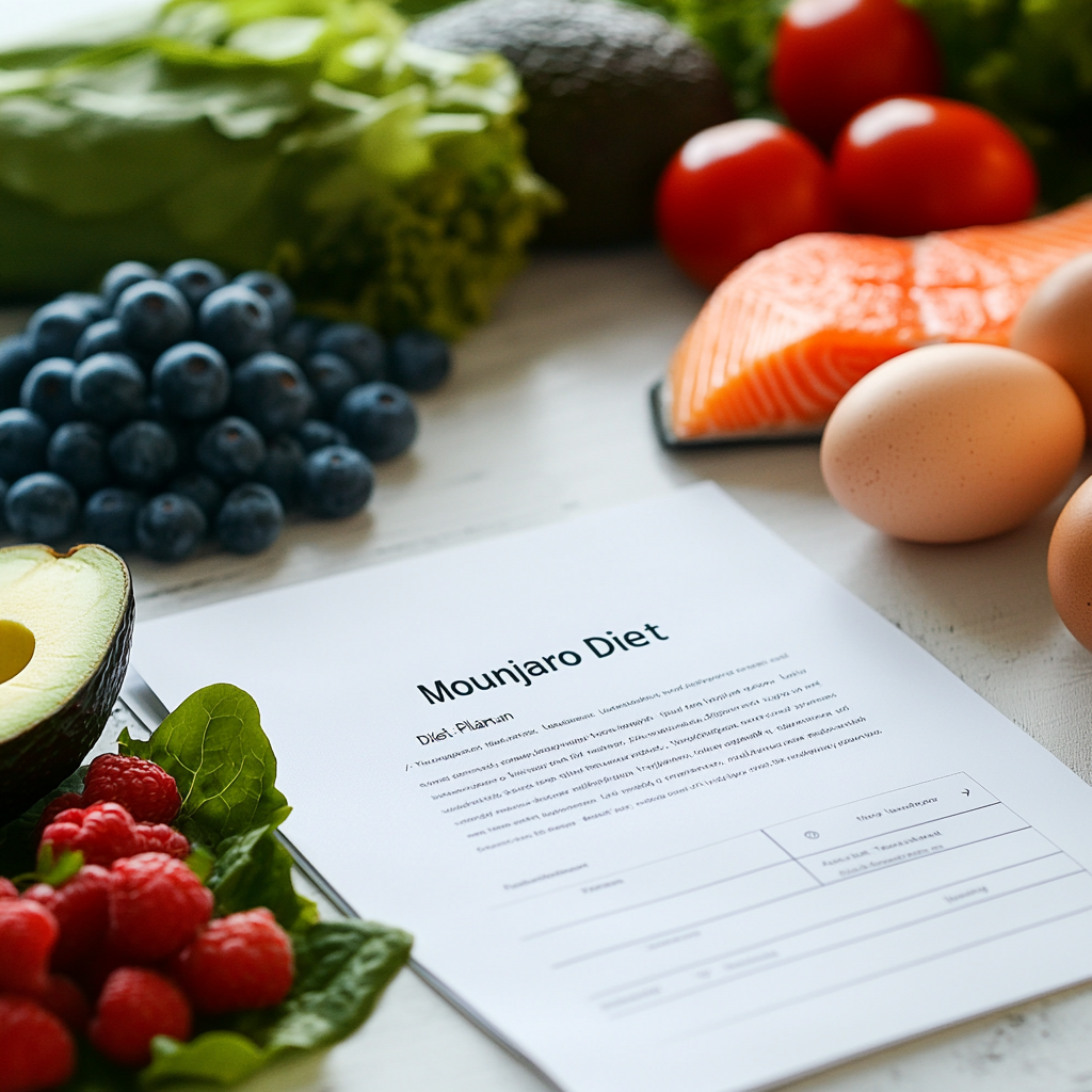Mounjaro Diet Plan PDF on a table with healthy foods