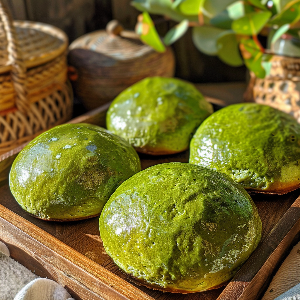 freshly baked matcha pan buns green tea bread