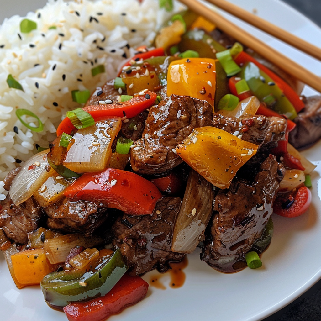 Juicy pepper steak with bell peppers and onions over rice