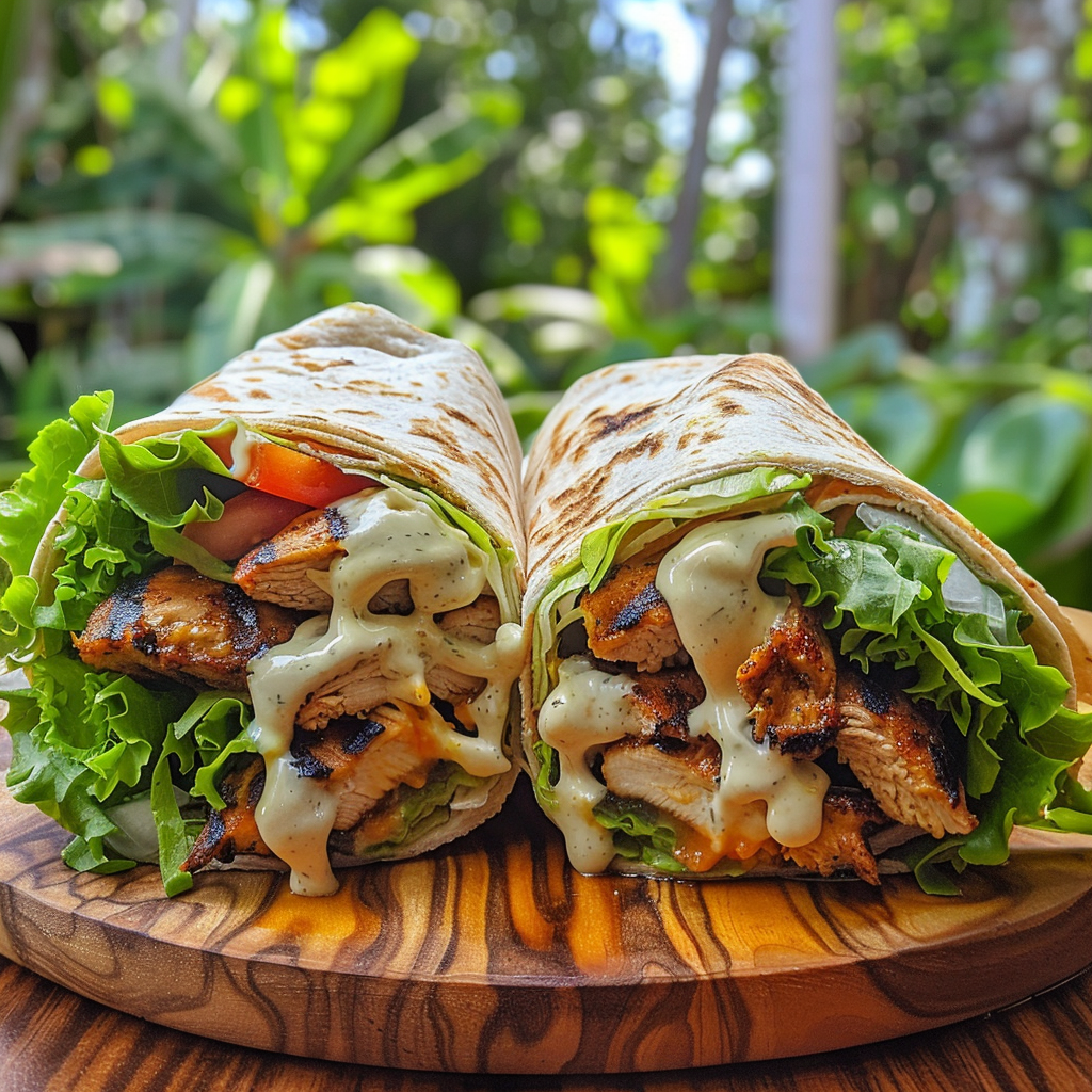 Jamaican Jerk Chicken Wrap close-up with fresh ingredients