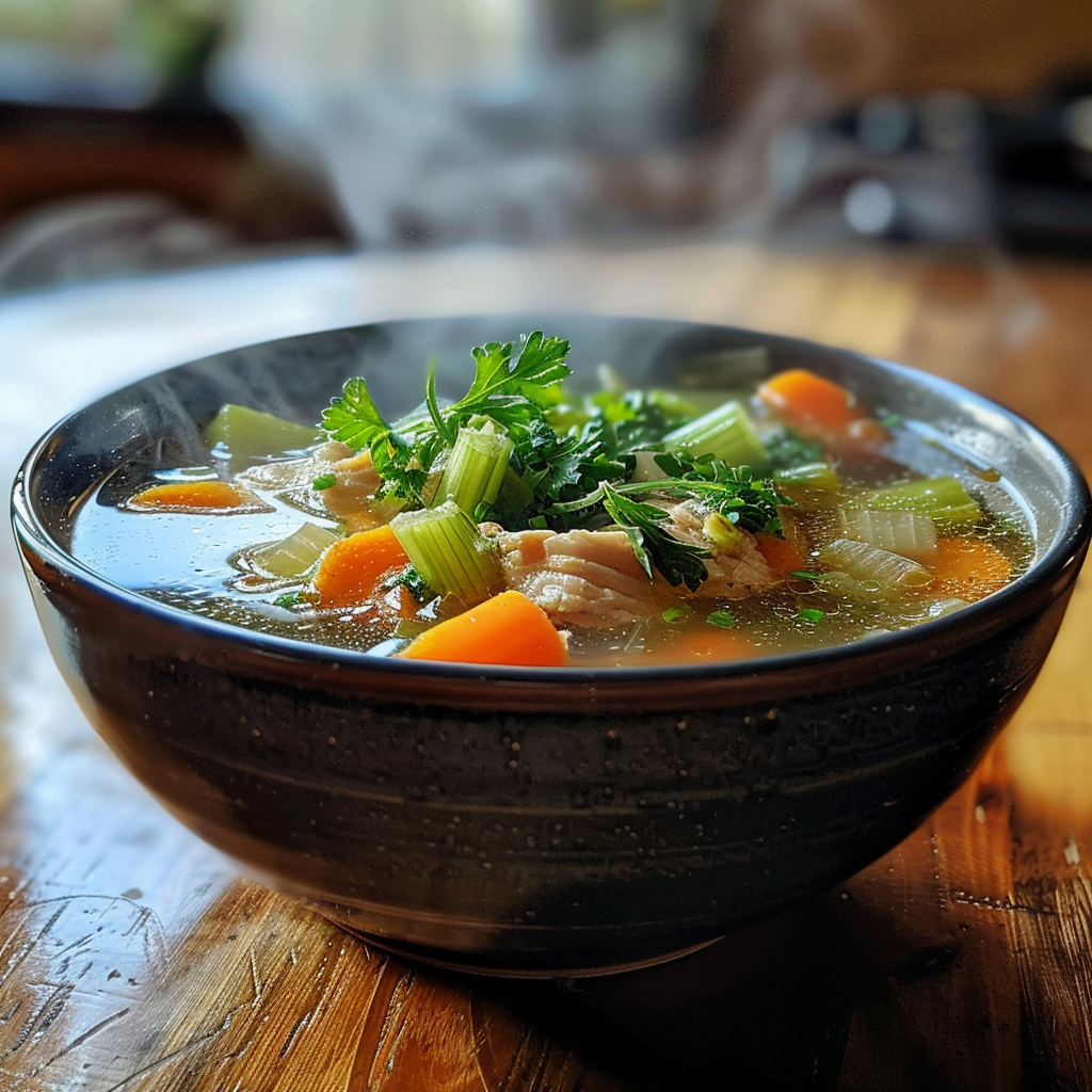 Homemade Grandma’s chicken soup with carrots and herbs