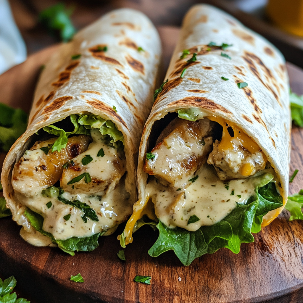 Cheesy Garlic Chicken Wraps served on a wooden plate