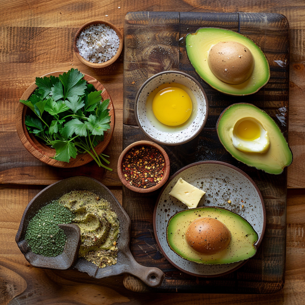  Fresh ingredients for Avocado Scrambled Eggs Recipe including eggs, avocado, and spices